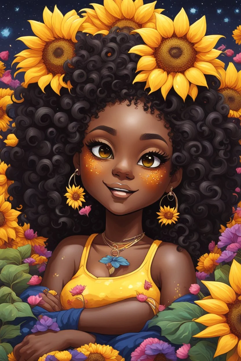 A sassy thick-lined oil painting cartoon black chibi girl lounging lazily on her side, surrounded by colorful flower petals. She is in the middle of the astrological Leo symbol with Prominent makeup. Highly detailed tightly curly black afro. Background of large yellow sunflowers surrounding her . Looking up coyly, she grins widely, showing sharp lion teeth. Her poofy hair forms a mane framing her confident, regal expression.