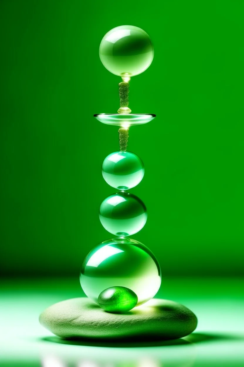 large and small glass balls balance on bamboo stems and stones of different sizes on top of each other, light green background, bright glow