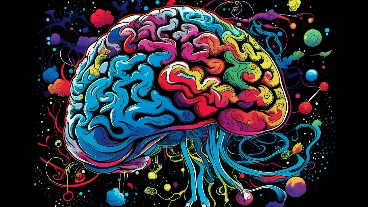 "Design a vibrant comic-styled artwork that captures the essence of a mighty brain, depicted as a tangible galactic entity. The brain itself should be intricately shaded to highlight its convoluted crevices, delicately lit by distant stars. The backdrop is to be an amalgamation of colourful swirling galaxies,