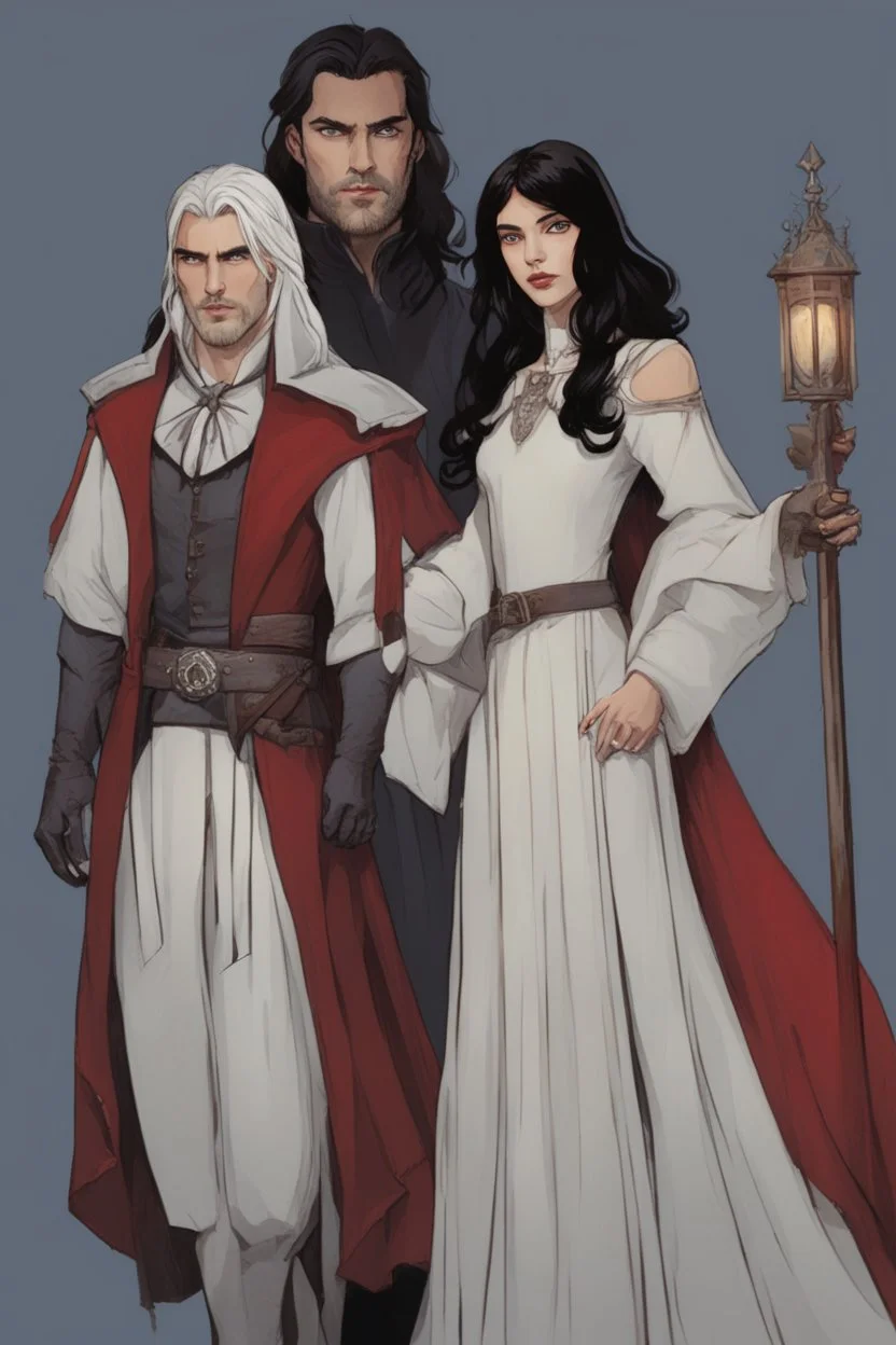 A couple, from the dnd game curse of Strahd. The woman has long white hair and blue eyes, the man has LONG BLACK hair and red eyes, no facial hair. He is standing protectively behind her.