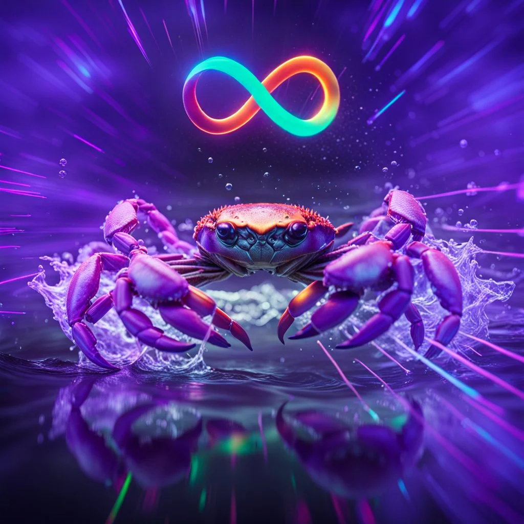 infinity symbol ∞ with vibrant powerful crab jumping out of the water, striking, neon, chiaroscuro, dramatic, captivating, powerful, fantasy, beautiful, octane render, 16k post-production, artstation: award-winning: atmospheric: commanding: fantastical: clarity: ultra quality: striking: brilliance: stunning colors: amazing depth; lens: f/11, 35mm