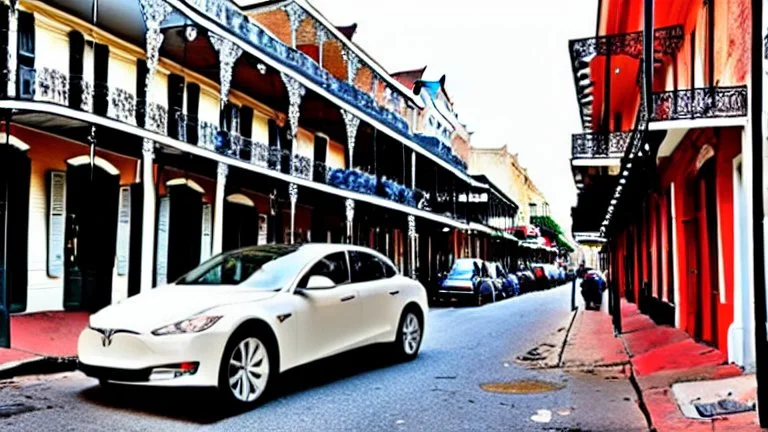 A Tesla's 'Model S Plaid' is parked, in the 'French Quarter' in New Orleans, Louisiana. CINEMATIC. WIDE ANGLE LENS.