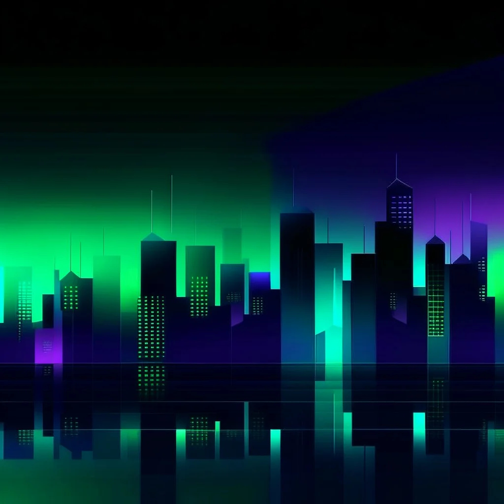 Digital and poly illustration of a minimalist and digital city with a dark background and gradients with light blue, light green, and purple.