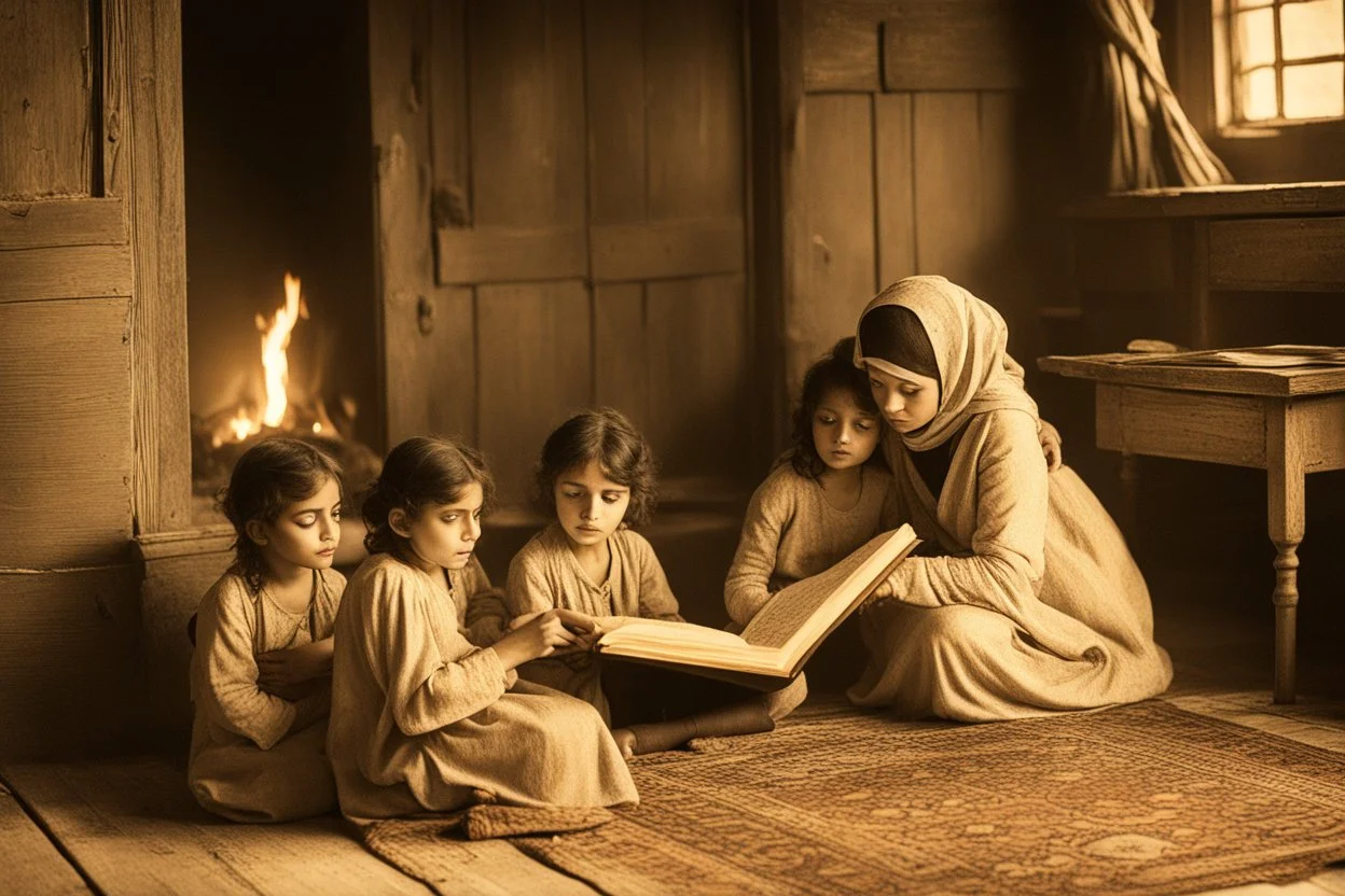 A close-up scene of an Arab mother reading the story from a book with her children around her in the room of the old wooden house near the fireplace 100 years ago.