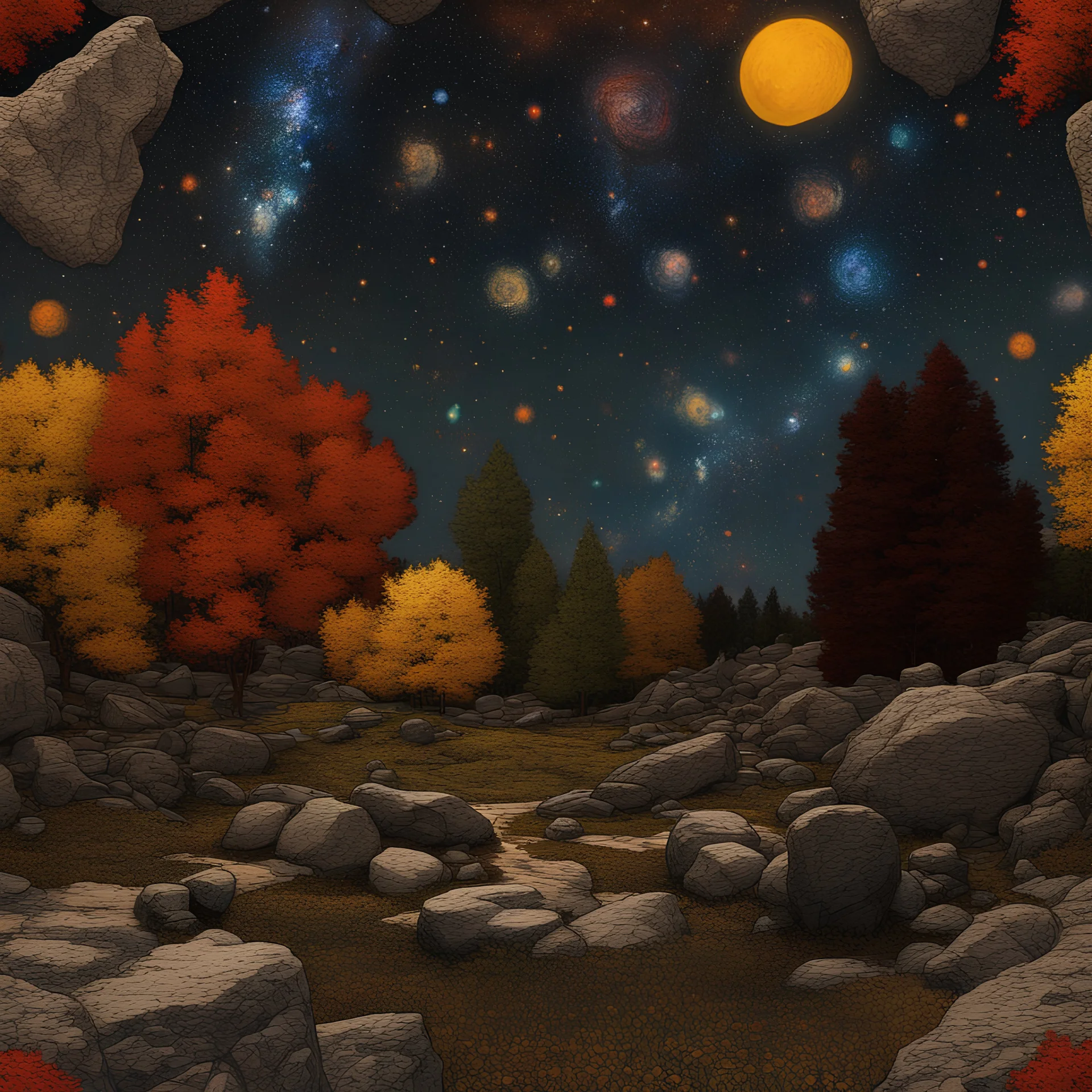 Colourful, peaceful, Egon Schiele, Max Ernst, Vincent Van Gogh, night sky filled with galaxies and stars, rocks, trees, flowers, sharp focus, 8k, deep 3d field, intricate, ornate