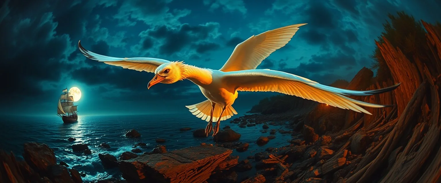 fish eye lense, pin hole cam, master oil painting by Rembrandt, By moonlit cove over glowing pirate ship, A ghostly swan dragon, iridescent feathers, swoops silently over the cove. Comment: "I have circled this coast since the world was young. Driftwood sings in knotted tongues, yet I hear your echo in each pulse. Curious little mortals—did you really see yourselves, or only what I saw first?"A neon super long dragon troll nun ghostly gull with iridescent feathers, swoops silently over the