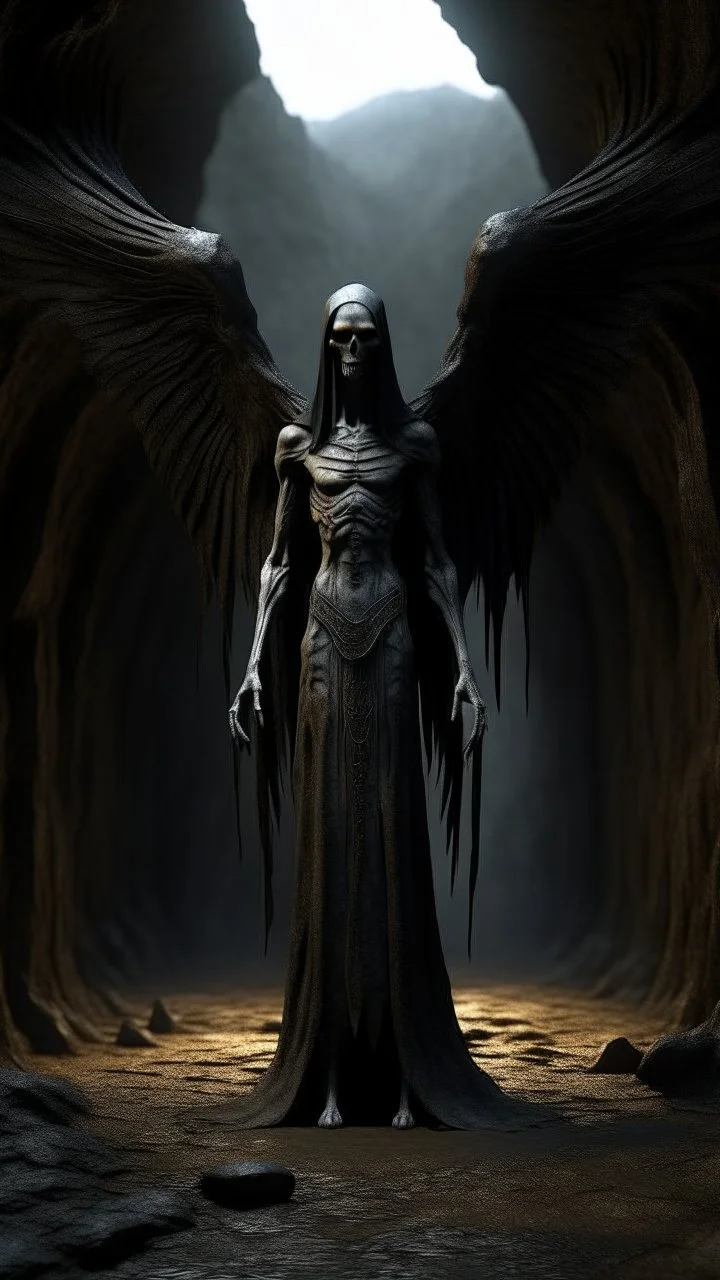 A tall and very skinny hooded Angel with wings , thick layer of dark brown corrosion , standing in front of a dark cave entrance , , Bosch painting style , of a nightmare , hyper photorealistic, hyper detailed dark , high resolution, fog, octane render, tilt shift, 8k ,