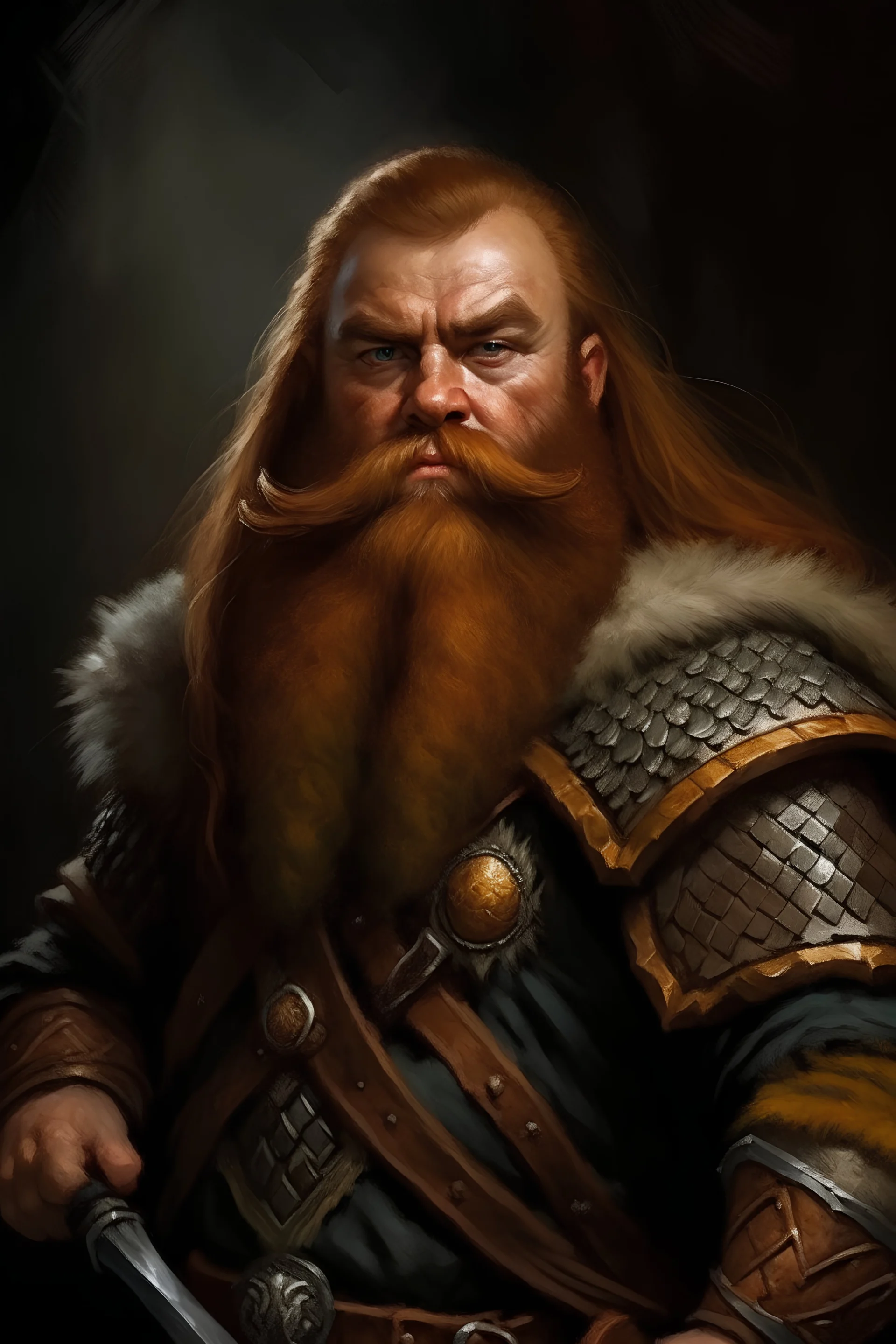 portrait of a stout and rugged dwarf with sturdy build, slightly tanned skin a thick ginger beard and long ginger hair, thick eyebrows, wearing chainmail armor and fur lined coat with a battle axe and warhammer on each shoulder. in oil painting