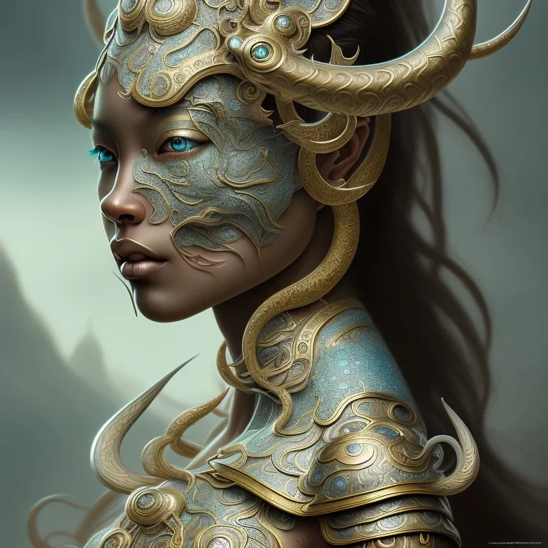 Sango fantasy, fantasy magic, intricate, sharp focus, illustration, highly detailed, digital painting, concept art, matte, art germ and Paul Lewin and Kehinde Wiley, masterpiece Indonesian lady head bronze tiger Asian African girl nice breast Thai hair turquoise silver waves