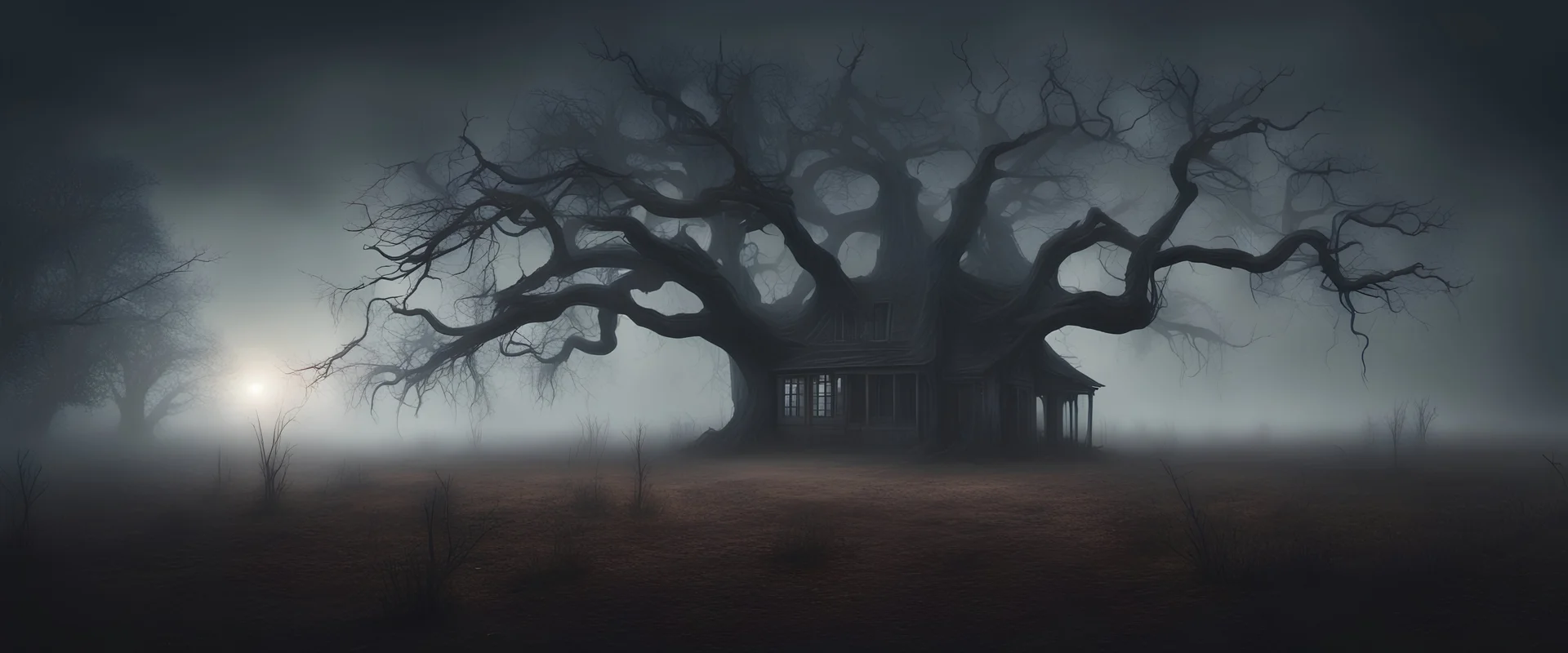 Hyper Realistic Haunted Dark Mansion between a Field with dry old tree at heavy foggy night