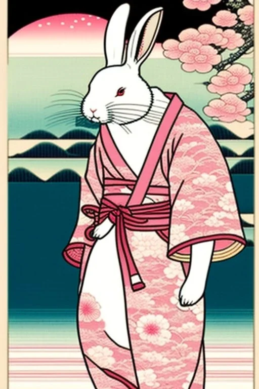 ukiyo-e style print of a white rabbit with a human body wearing a soft pink yukata and walking by the sea