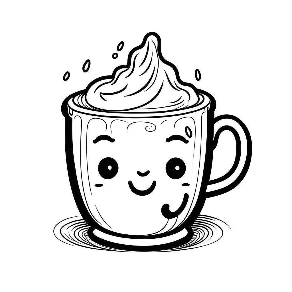 A black and white cute drawing of a hot chocolate cup. Only outline, white background,for kids