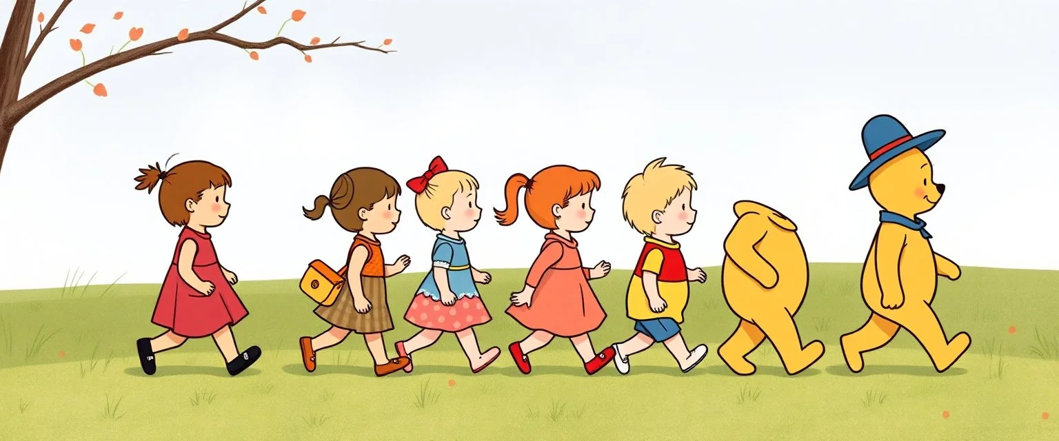 illustrated children walking in a line, in the style of original whinnie-the-pooh