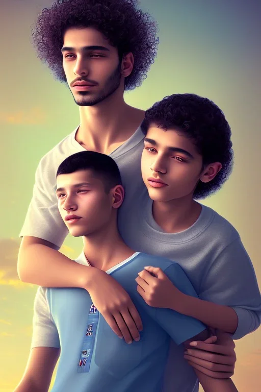 one 50 year old man embraces a beautiful 12 year old arabic boy with long, curly hair and light blue eyes, not muscular, smiling,