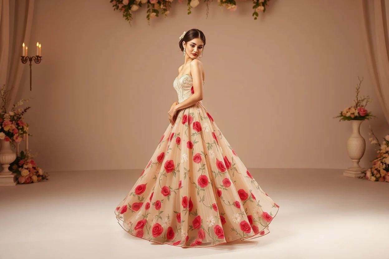 picture of lady with a maxi dress flower stye design posing in a art an romantic stage