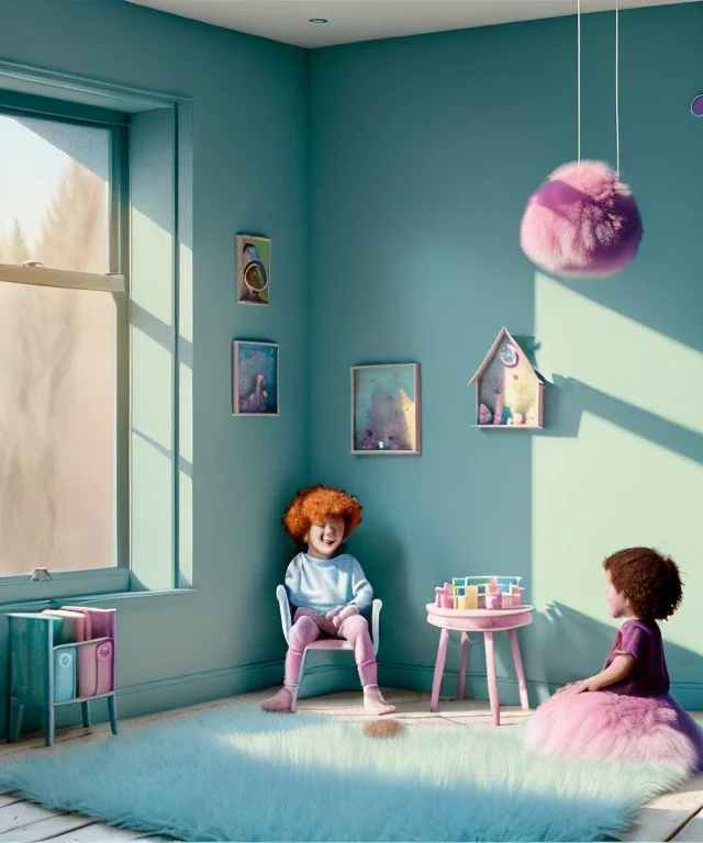 Realistic child room scene. sweet big furry monster sitting. girl from behind. Steven Spielberg style. Red hair, smile, happy, gradient color fog. highly detailed, concept art, unreal engine 5, ray tracing, RTX, lumen lighting, ultra detail, volumetric lighting, 3d, finely drawn, high definition, high resolution.