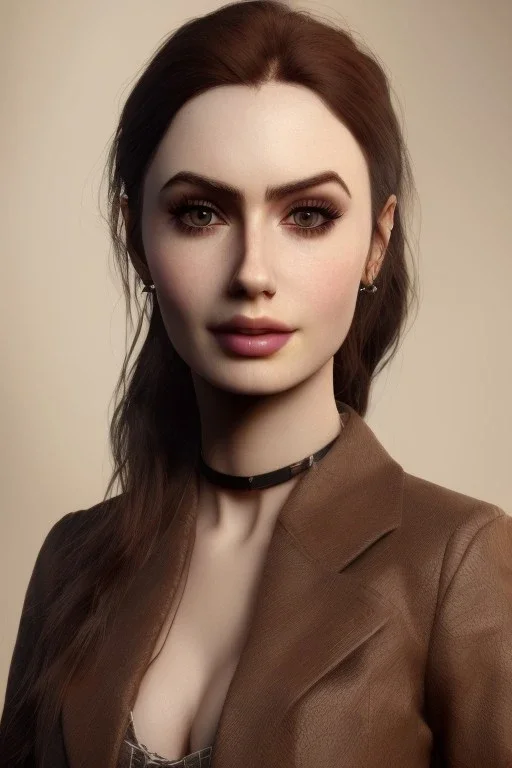 Portrait busty and face, Lilly collins face, brown eyes, wearing Hunter clothes,