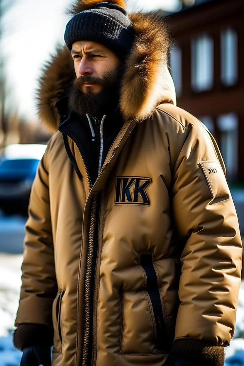 Men's coat that has fur and contains the word jiks