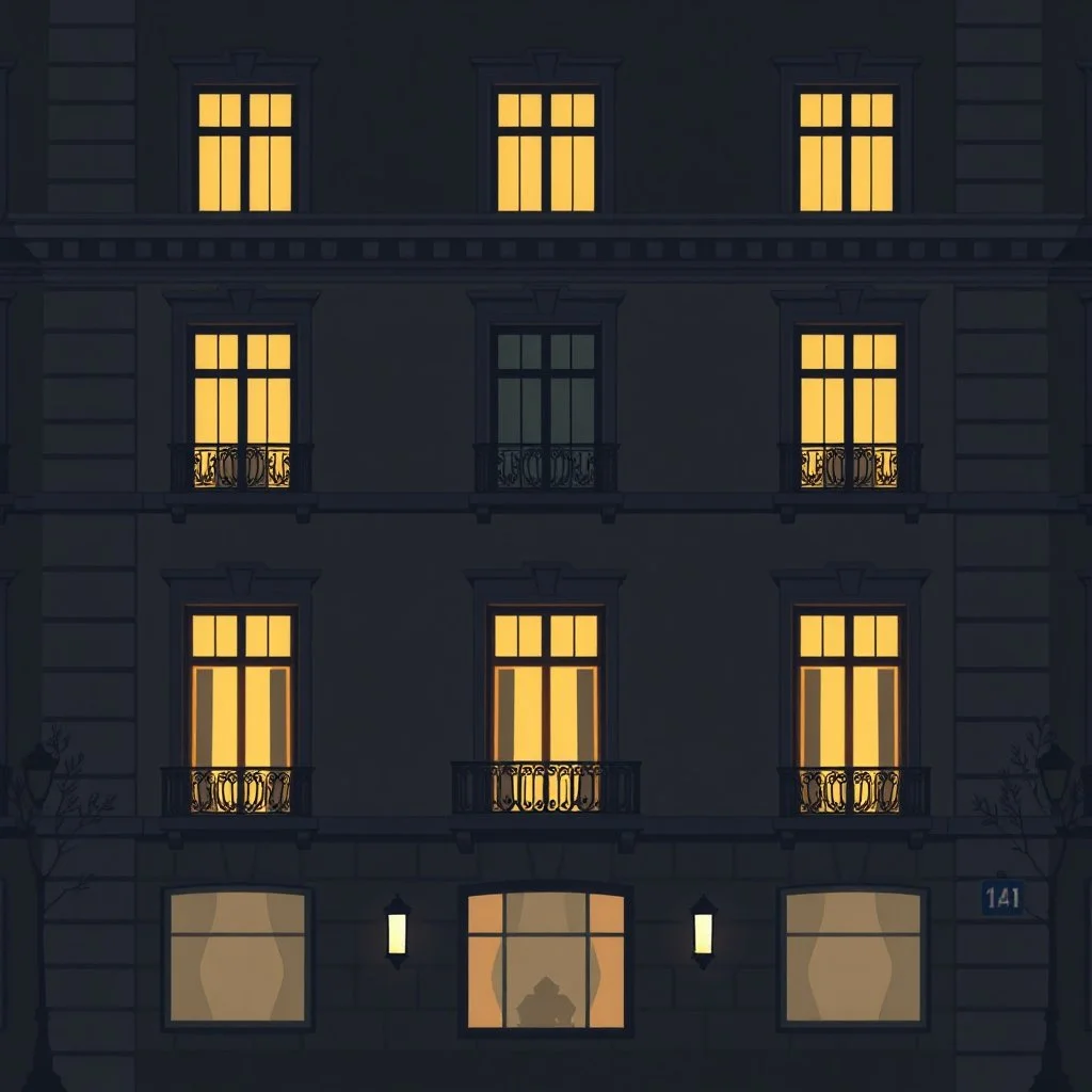 Animated representation of the mysterious facade of a European building. The scene begins before dawn with minimal lighting. The view is flat and frontal. Only 5 windows are illuminated. mysterious atmosphere, dark and muted colors. In the style of the Wes Anderson film The Grand Hotel in Budapest. Wes Anderson illustration style and colors poster