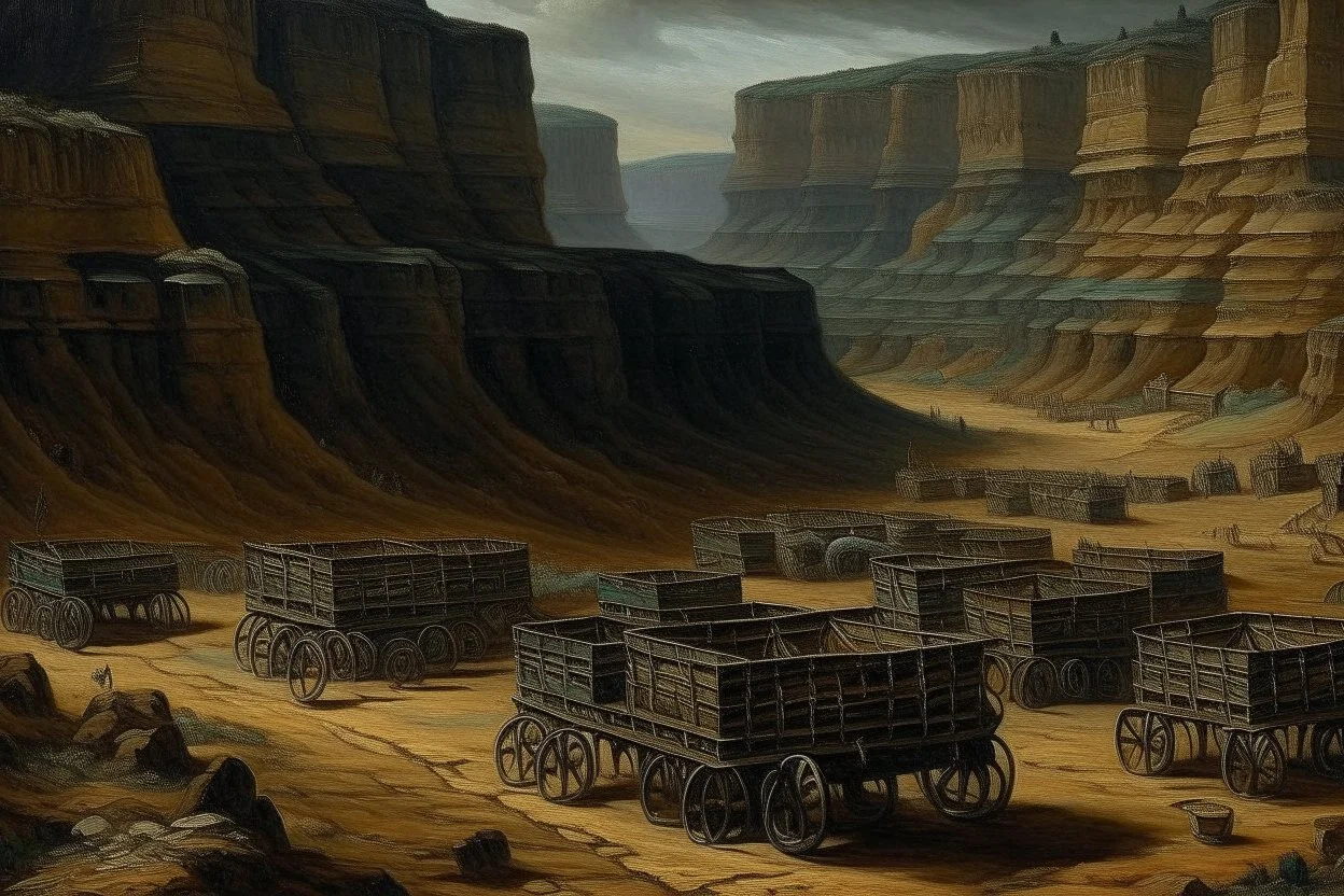 A dark grayish brown underground mine with minecarts designed in Navajo baskets painted by George Inness