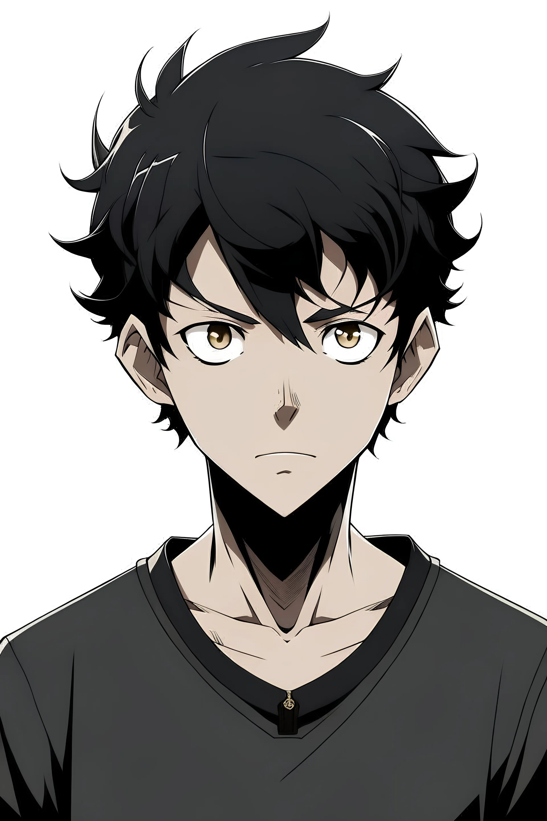 dark skin anime male, teenager, black eyes, short black hair, nervous face, black shirt