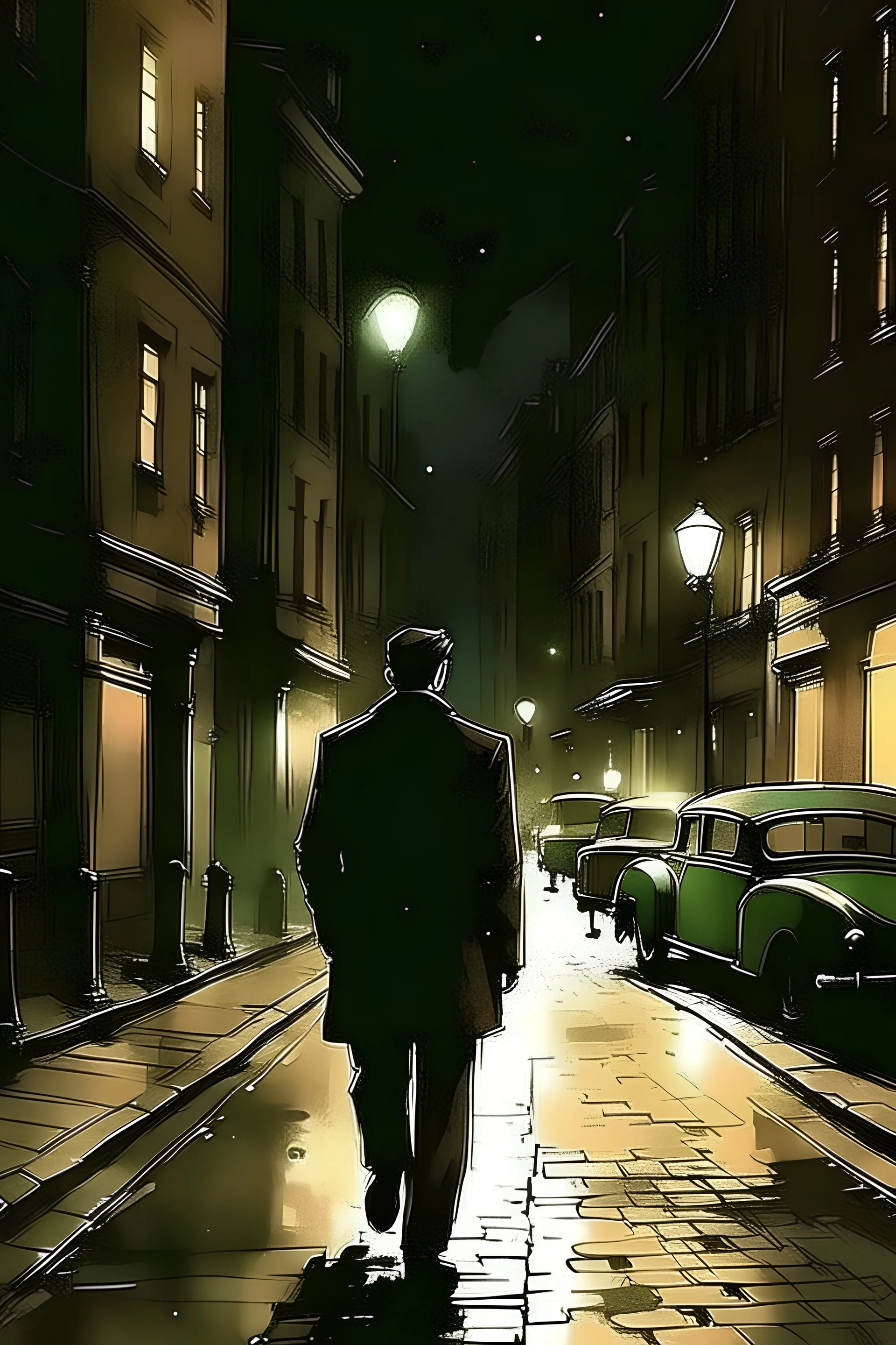 Draw a man in a suit and walkng the dark streets at night and make sure it is fully done in watercolor and looks naturally donw and also draw a taxi driving on that streeet that the mna i swalking on and also a street lamp is broken on that same street