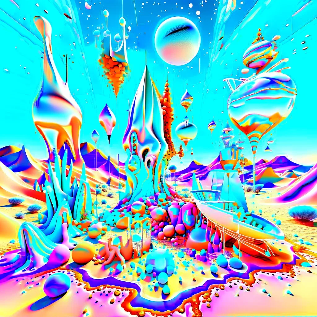 Bright, glittering, 3d, steel-like, surreal objects in a bright environment, desert, night light, melting cream, Yves Tanguy style