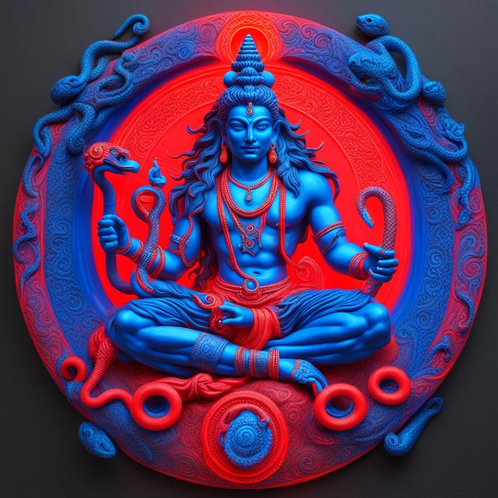 Shiva in mountain shambala neon red and blue with snake