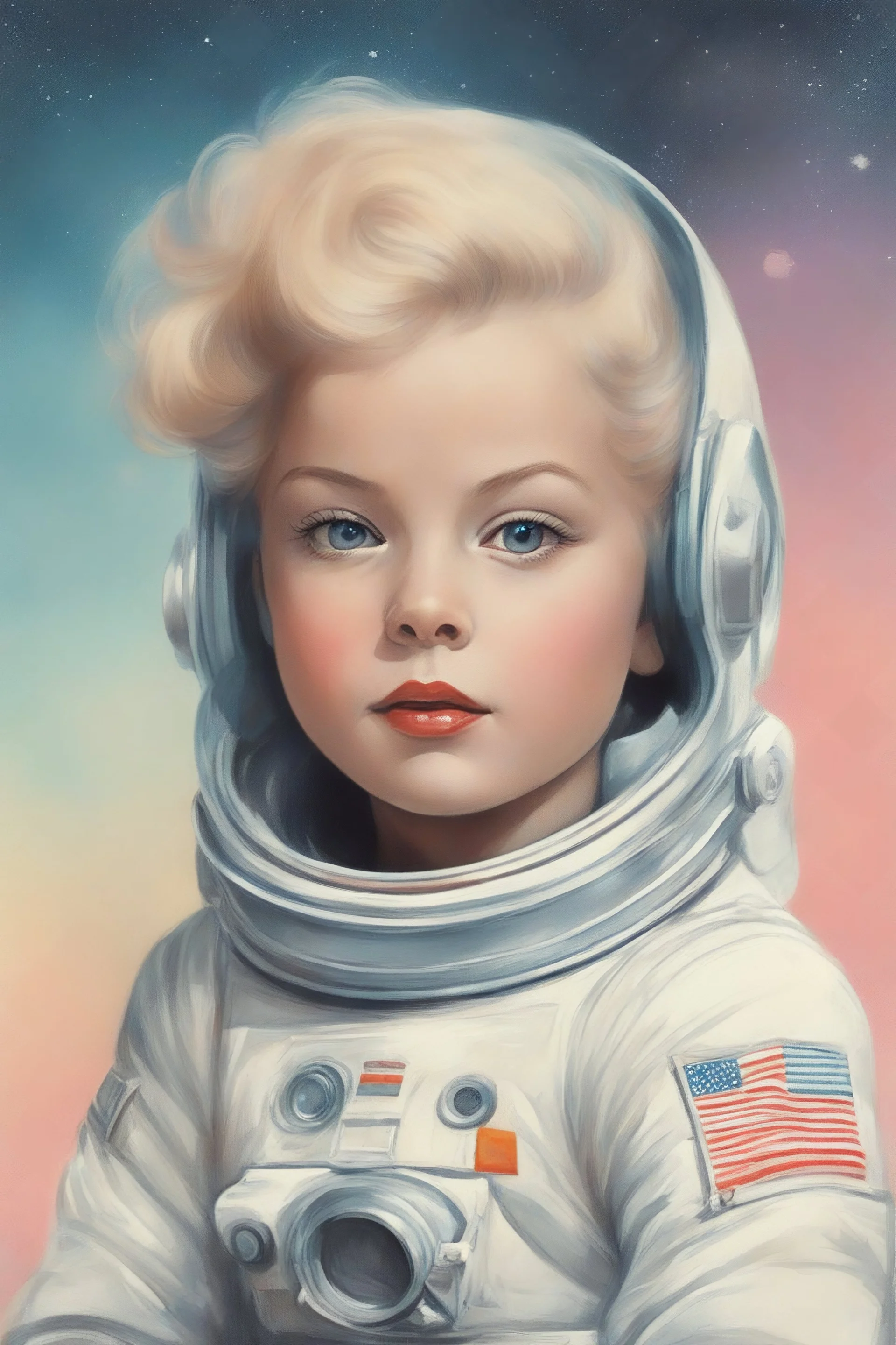 Illustration of anita ekberg as a toddler, astronaut, style of Marcel Marlier, pastel colors