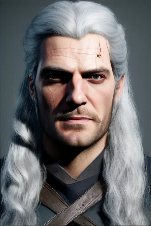 Henry cavil face, long white hair, wearing The witcher 3, realistic, 4k, intricate, best quality