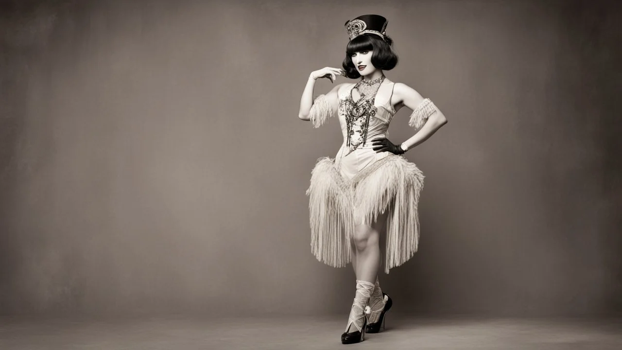 Full Body, burlesque dancer looking to the right, With A Bob With A Fringe Hairstyle, 1920s clothing, Steampunk,