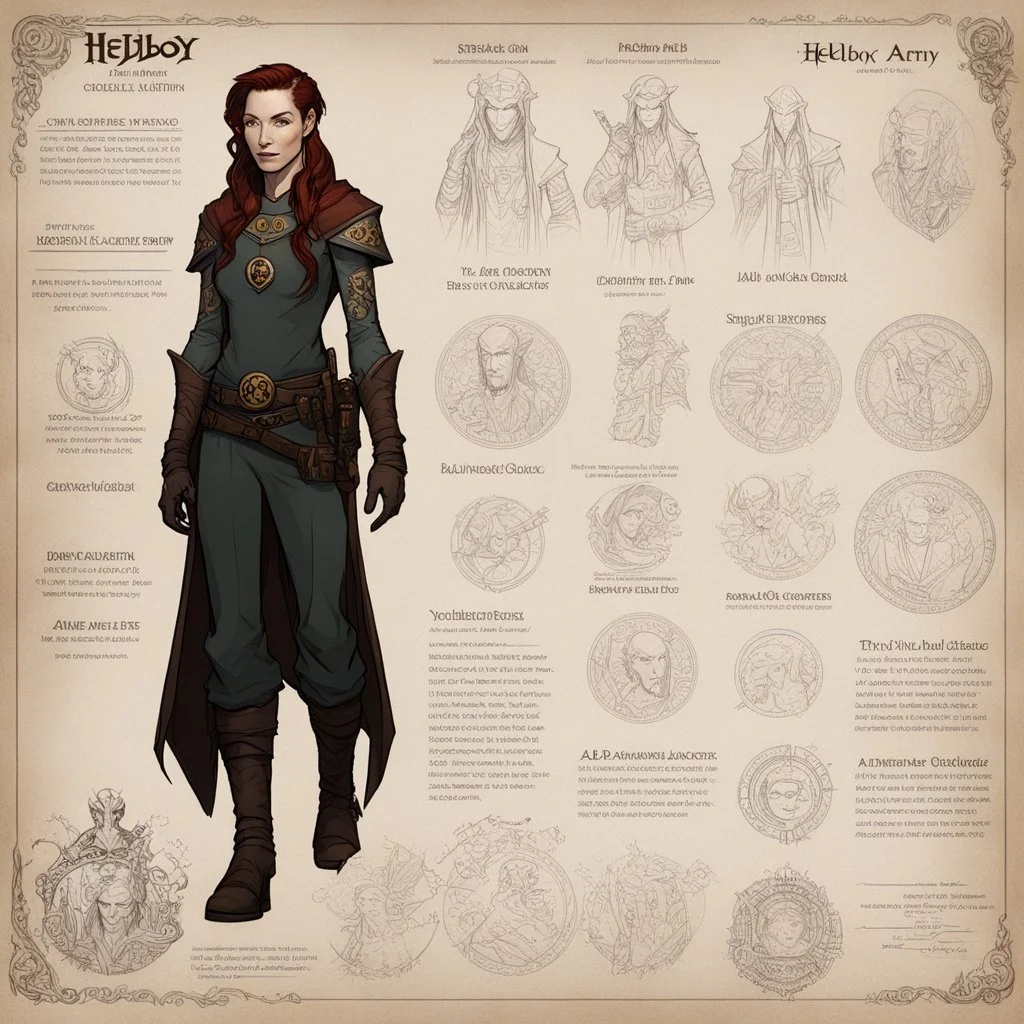 character concept sheet with AD&D statistics and characteristics, [illustration for HELLBOY II the golden army] youthful Julianne Nicholson as a wizard covered with tattoos (AD&D)