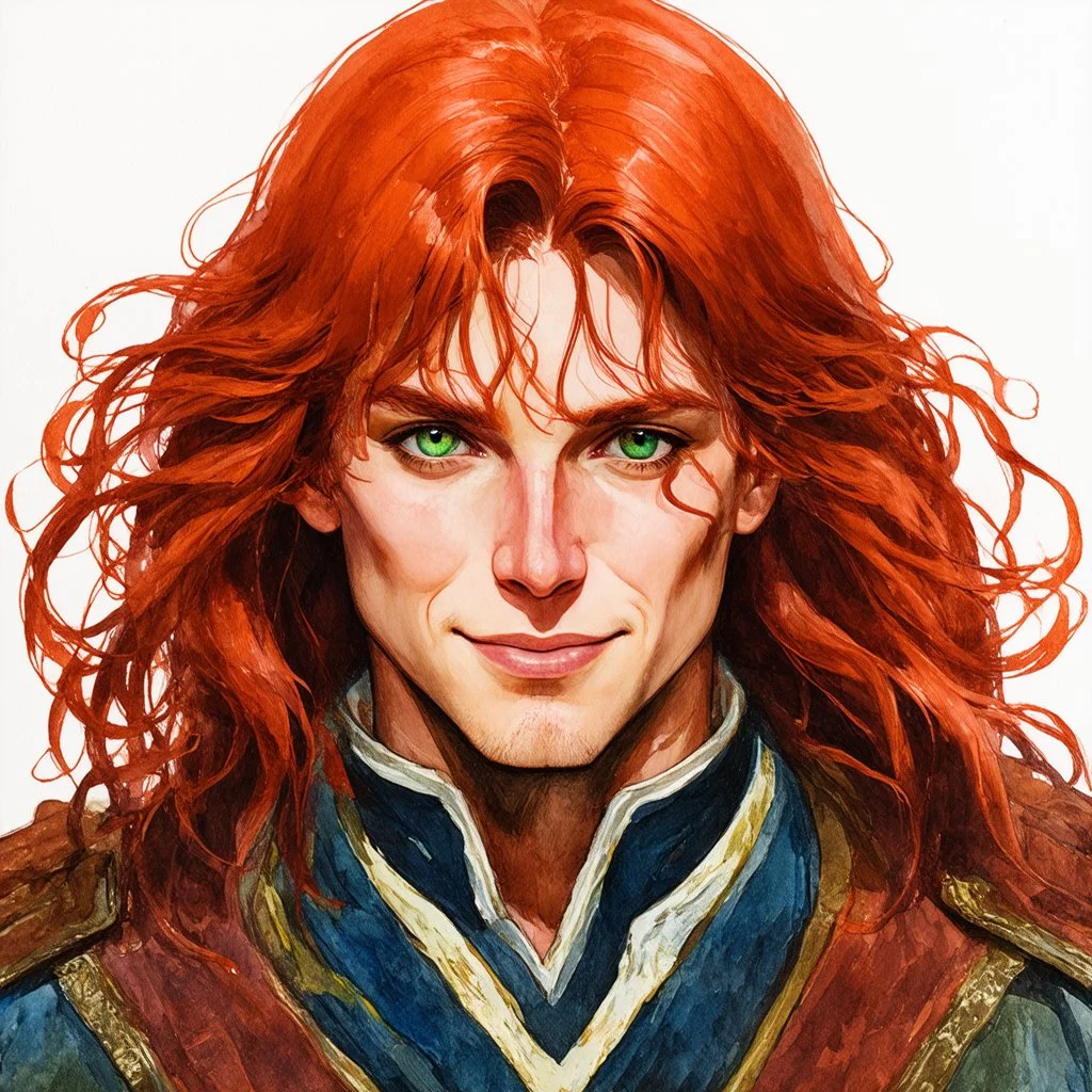 dnd, fantasy, watercolour, stylistic, portrait, illustration, dull colours, male, face, narrow face, green eyes, determined, happy, red hair, very long hair streaming down the shoulders, radiating light, five o'clock shadow