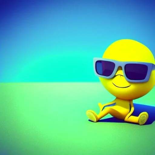 3d render, Chibi Lemon character with an accomplished look on his face, he is wearing green sunglasses relaxing on the beach at sunset