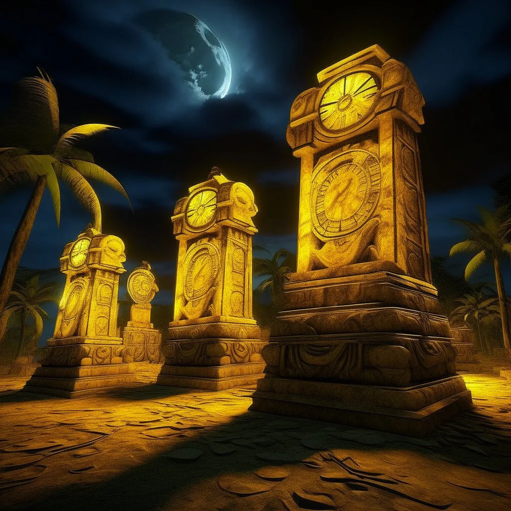 A yellow glowing ruins with clocks in a thunderstorm designed in Hawaiian tiki statues painted by Vincent van Gogh