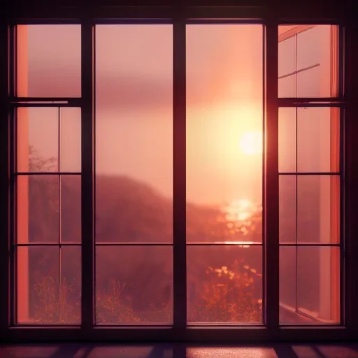 A sunset behind the windows, intricate detail, Photorealistic, polychromatic, geometric, filmic, complex, Photography, Nikon, HDR, 64 megapixels, 4k resolution