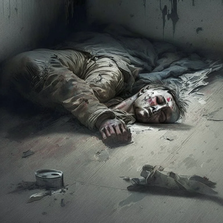 Alone and forsaken, on the verge of dying, lying down with gunshot wound to the stomach, realistic