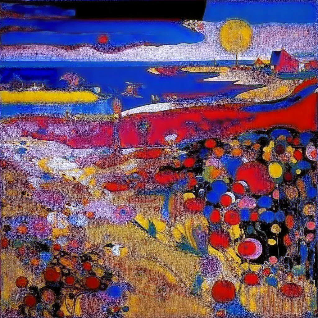 Magenta psychic wetlands near a beach painted by Wassily Kandinsky