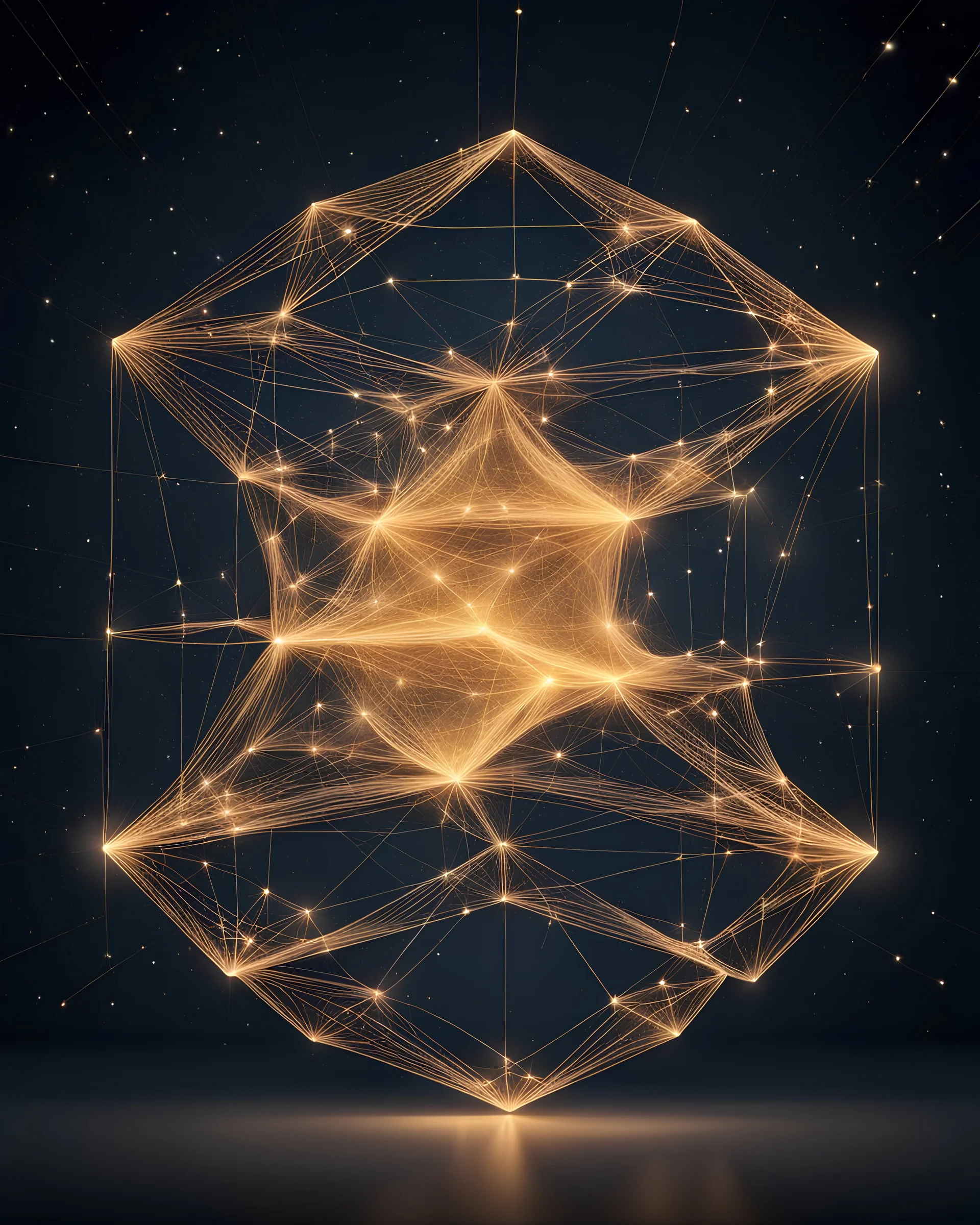 Generate a futuristic three-dimensional LED network like constellations , floating points, wireframe, magic and monumental , Nikon professional shot style, infinite, Atom, vector, geometric, big, harmonic, continuous, and equidistant, matrix, ecosystems, blockchain, bauhaus, golden ratio