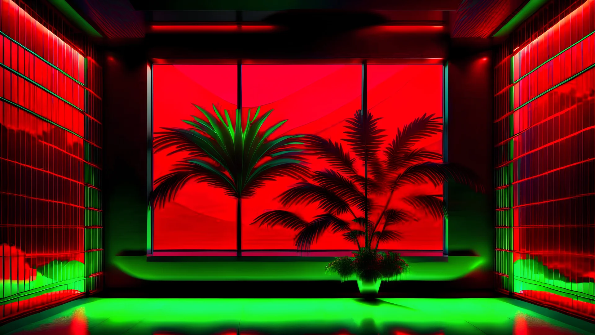 Minimalist background for video calls. Mostly black with some red. Serene, futuristic, with a very wide window and with some plants outside.