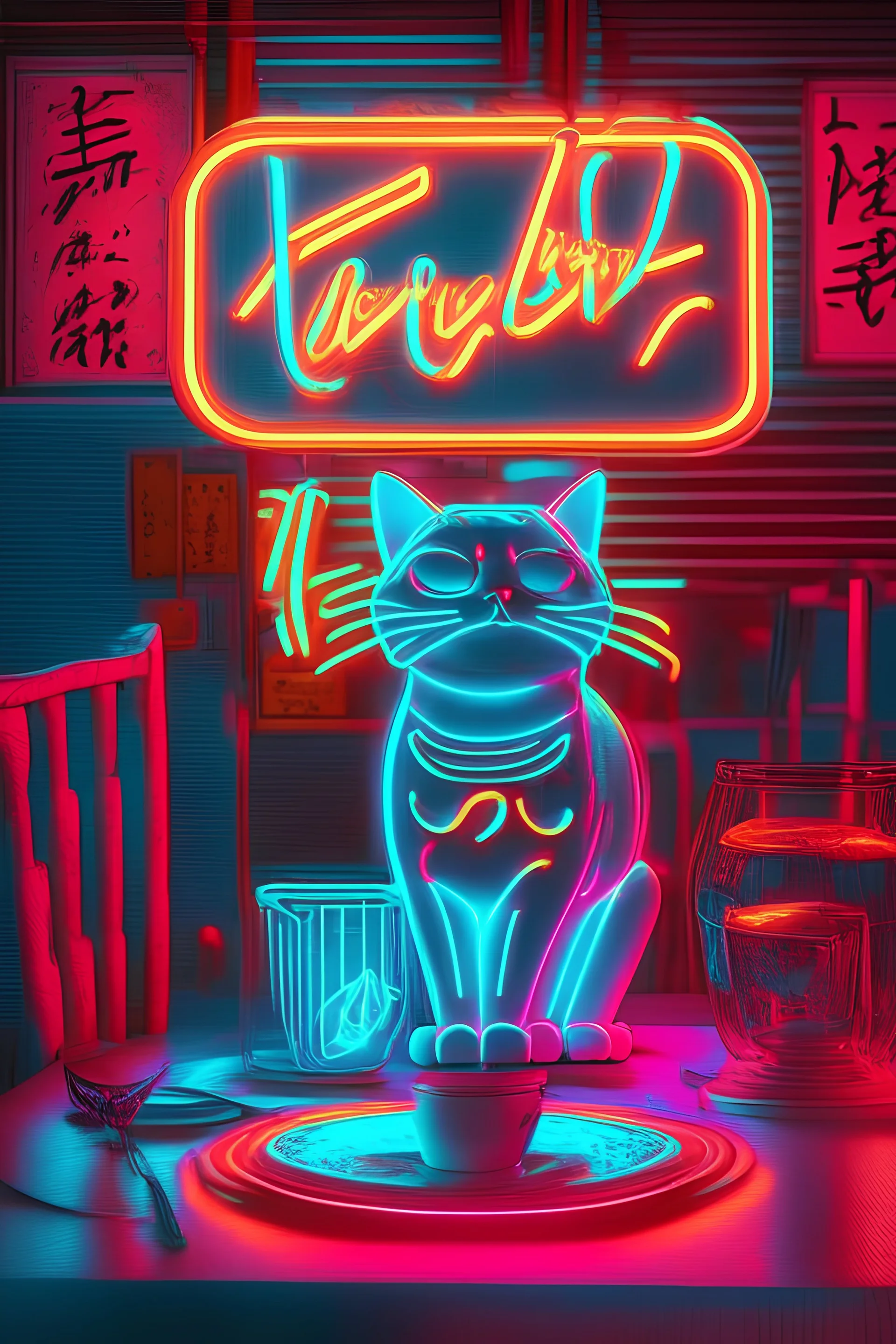 Neon sign, lucky cat,table setting