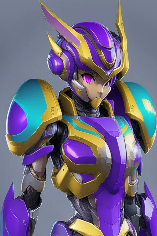 One Genderless Cyborg made of metal, has a human like face with a really long violet ponytail, the armor is similar to Omega from Megaman. The color palatte of the armour is deep purple and yellow. They have clear visor, and have Turquoise colured eyes.