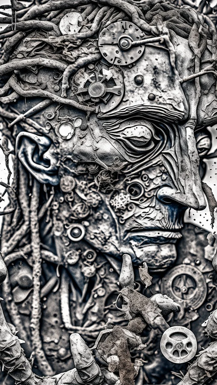 Bosch style painting , A balled face in details . The texture of the face is a collage of many 3D clock gears and screws covering the whole face and the eyes are covered by caves figures