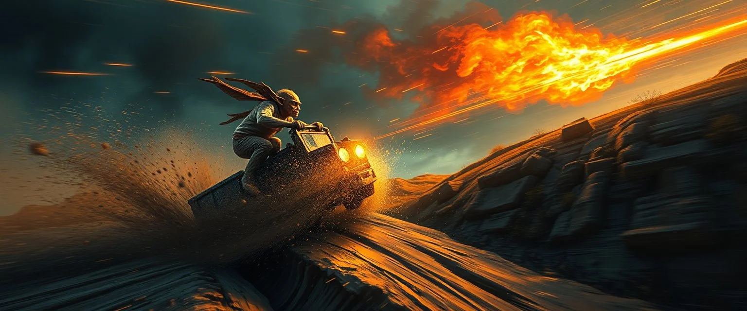 mega blasting fast, so freaking fast, faster than a greased muscle shiny cowboy disco funk fusion fluffy man gremlin monkey pig on a runaway mud train jumping over the cliff . speed and energy, painted by Rembrandt and fallout 4, straight down a muddy slide