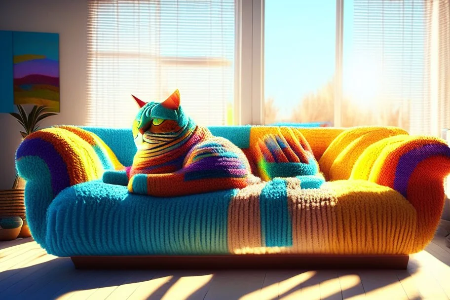 Giant knitted lifelike colorful cat sitting on a sofa in a modern room in sunshine