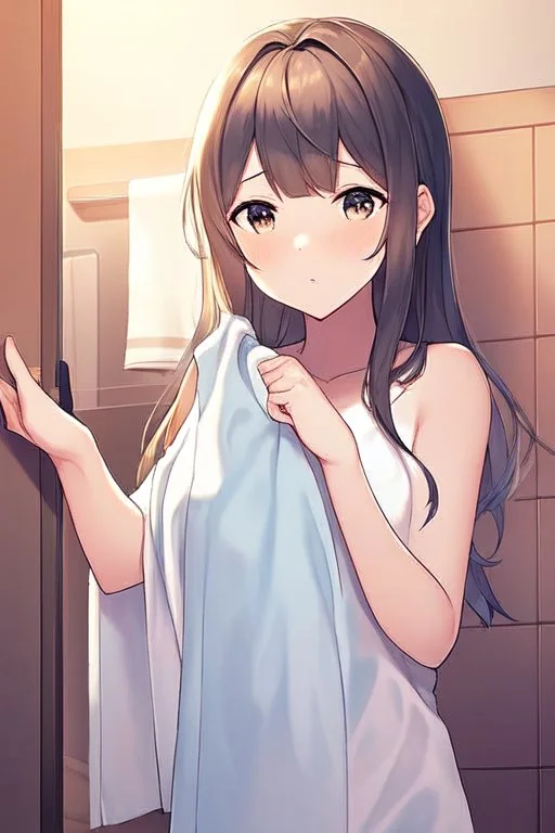 anime girl entering her room, wearing a towel