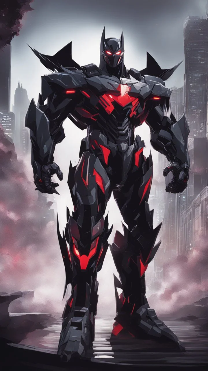 A close picture to Mix between transformers and batman and symbiote venom in solo leveling shadow art style with red details detailsis in fantasy world