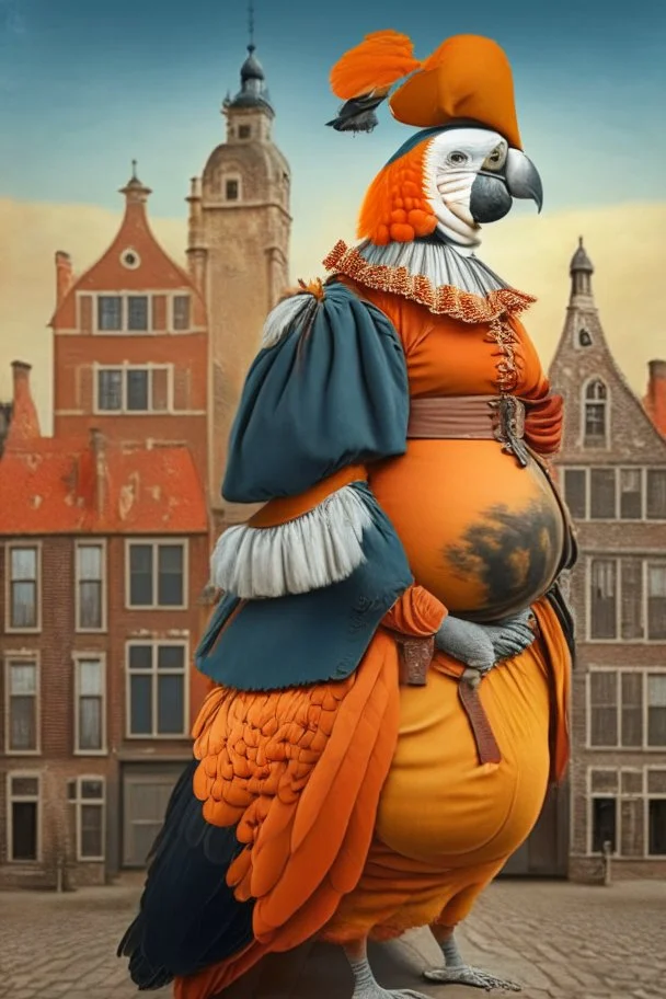 Pregnant Half parrot half human in a old 1700s orange Dutch uniform in front of a Dutch city