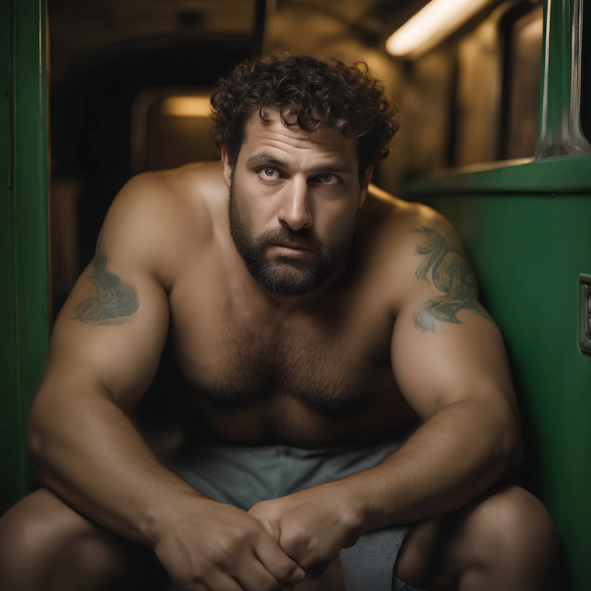 full figure shot photography of a ugly massive beefy sicilian farmer 36 years old man sitting in the train nighttime, relaxing, shirtless, with swimwear, manly chest, hairy allover, bulge, tattoo, broken teeth, serious, short beard, curly hairs , view from below, photorealistic, dim lights, Ground-Shot Angle