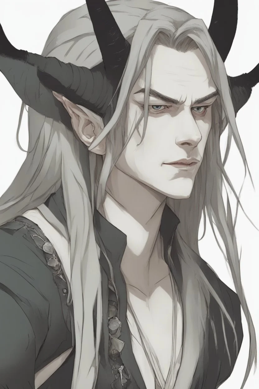 A dnd character portrait, a tiefling man with long hair and long black horns, white eyes and pale skin. Rogue.